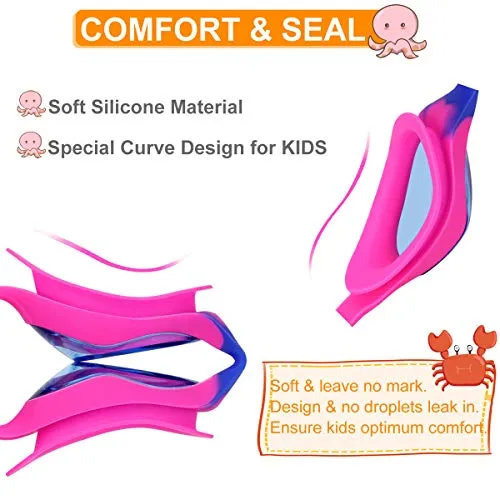 Kids Swim Goggles, Swimming Goggles for Boys Girls Kid Age 3-12 Child Colorful Swim Goggles Clear Vision Anti Fog UV Protection No Leak Soft Silicone Nose Bridge Protection Case Kids' Skoogles