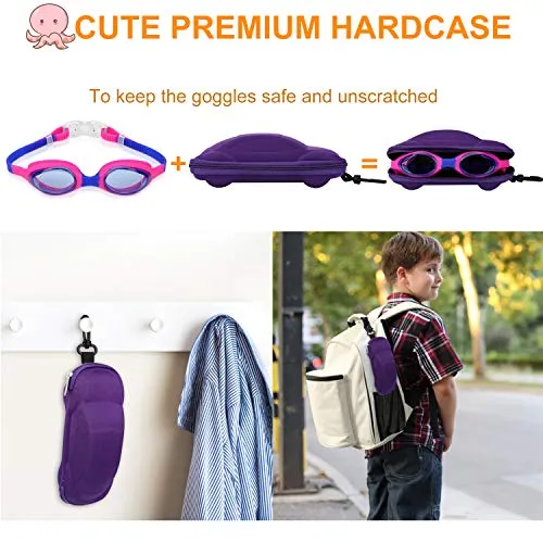 Kids Swim Goggles, Swimming Goggles for Boys Girls Kid Age 3-12 Child Colorful Swim Goggles Clear Vision Anti Fog UV Protection No Leak Soft Silicone Nose Bridge Protection Case Kids' Skoogles