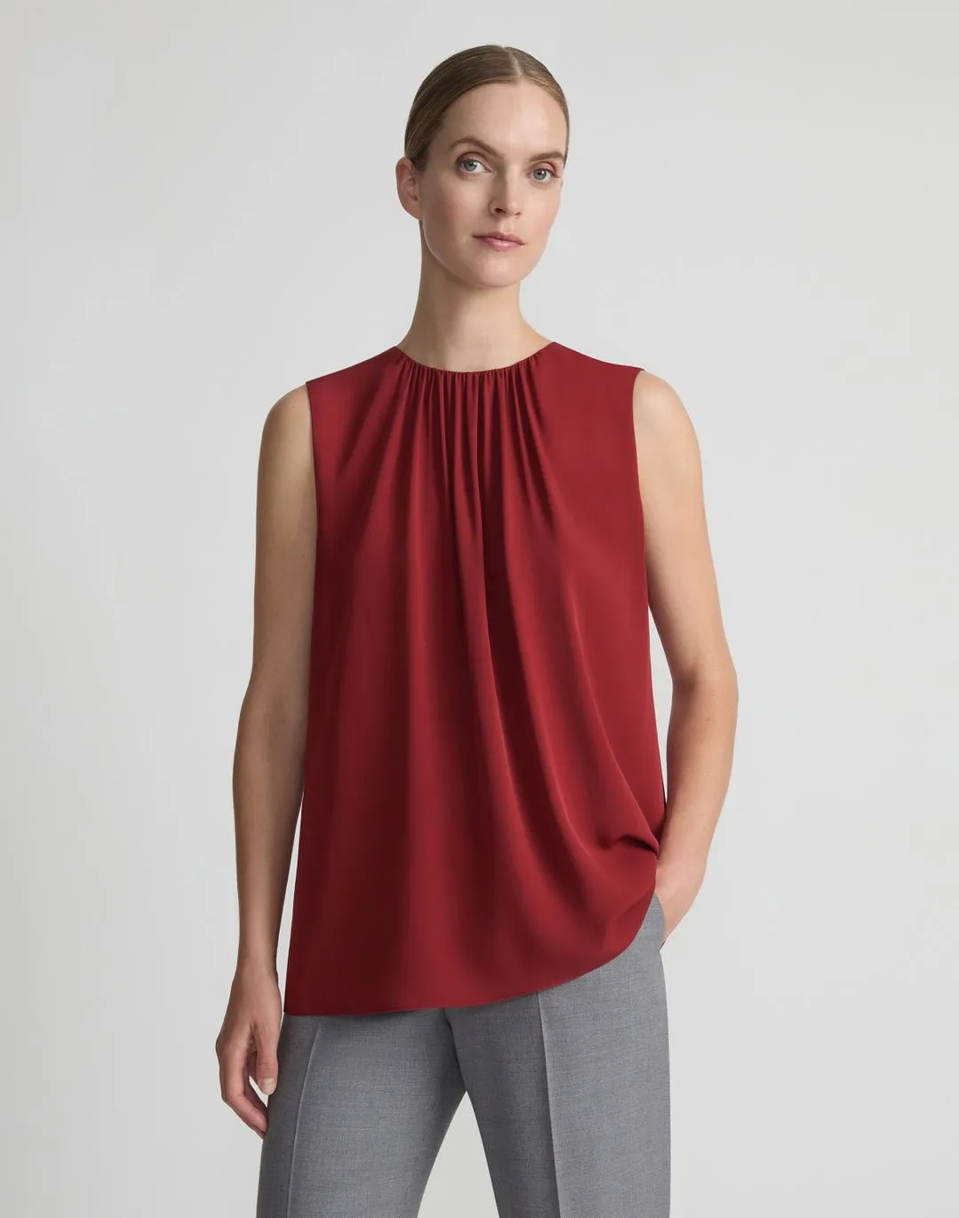 Lafayette 148 Gathered Neck Sleeveless Georgette in Scarlet
