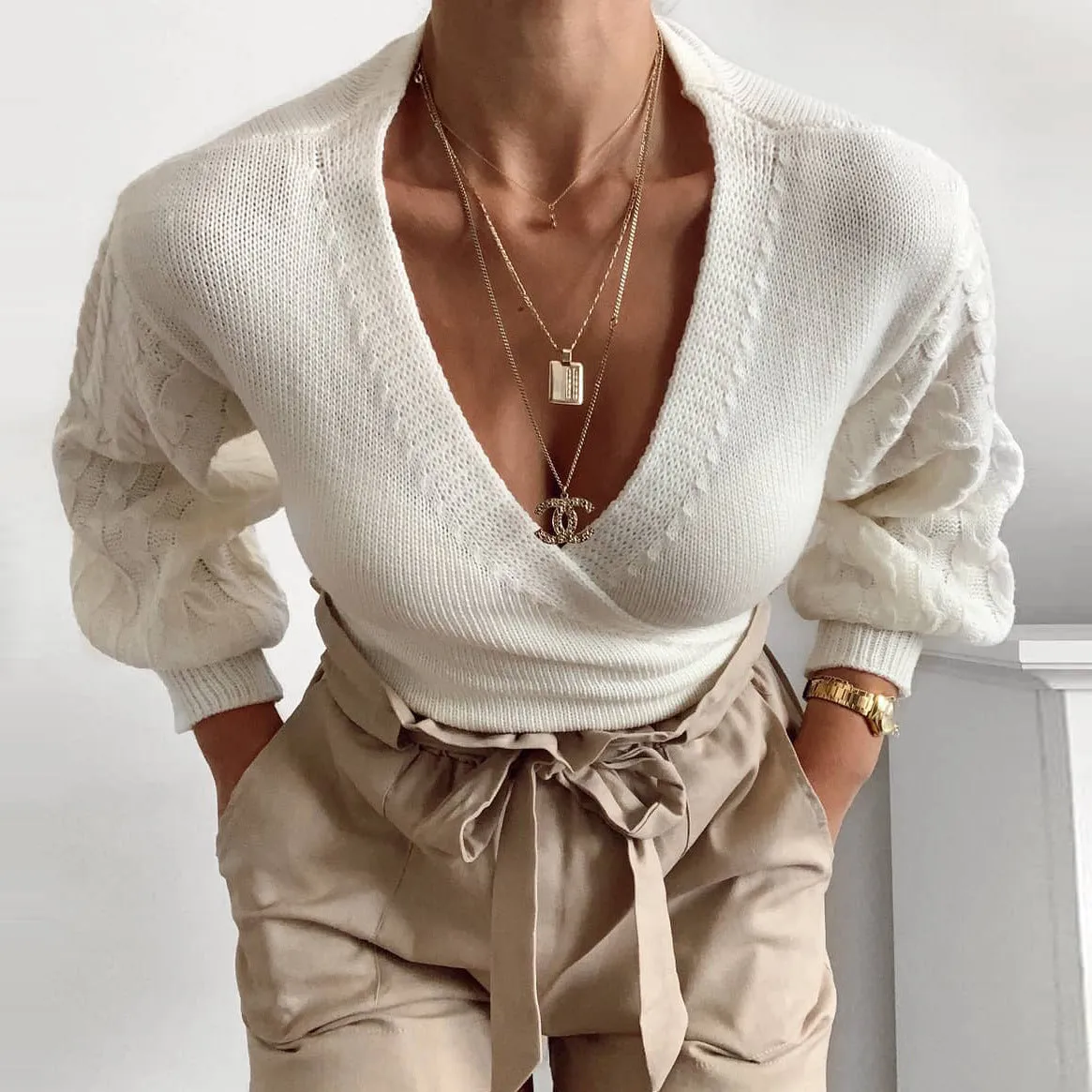 Lantern Sleeve Bow Tie Knitting Sweaters