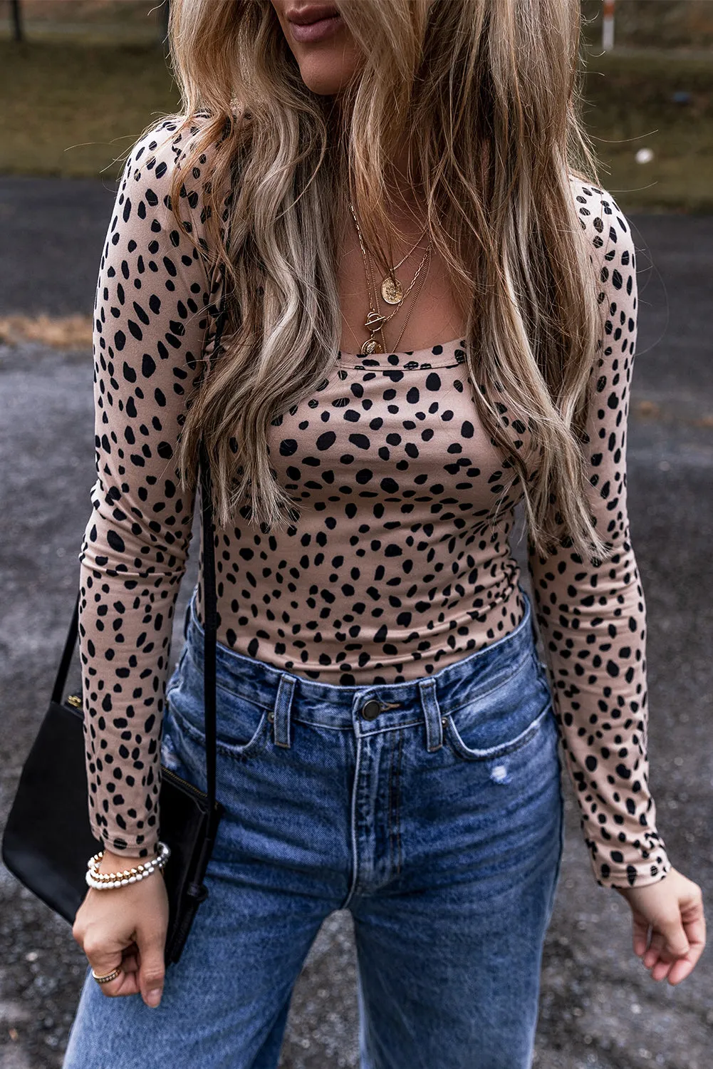 Leopard Print Scoop Neck Slim Fit Bodysuit