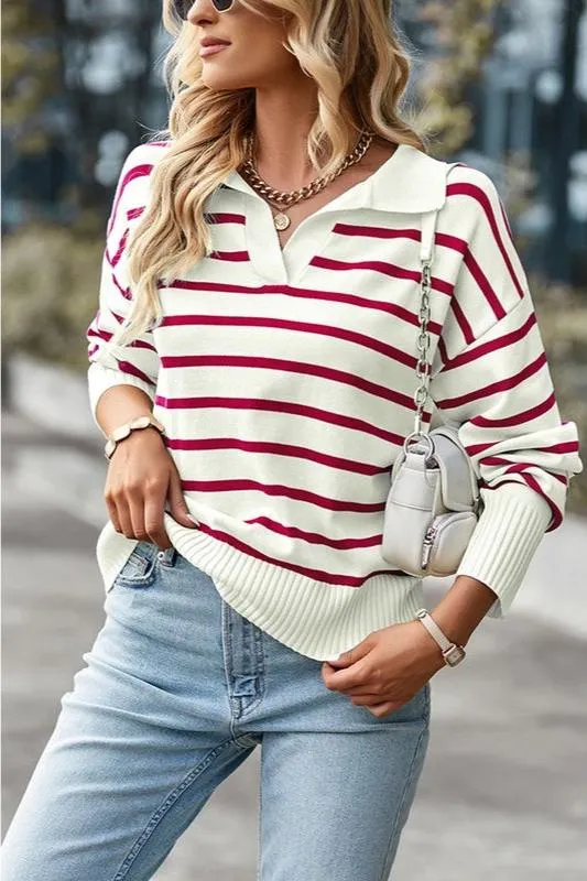Lily Clothing Stripe Casual Collar Top. Fall Clearance!