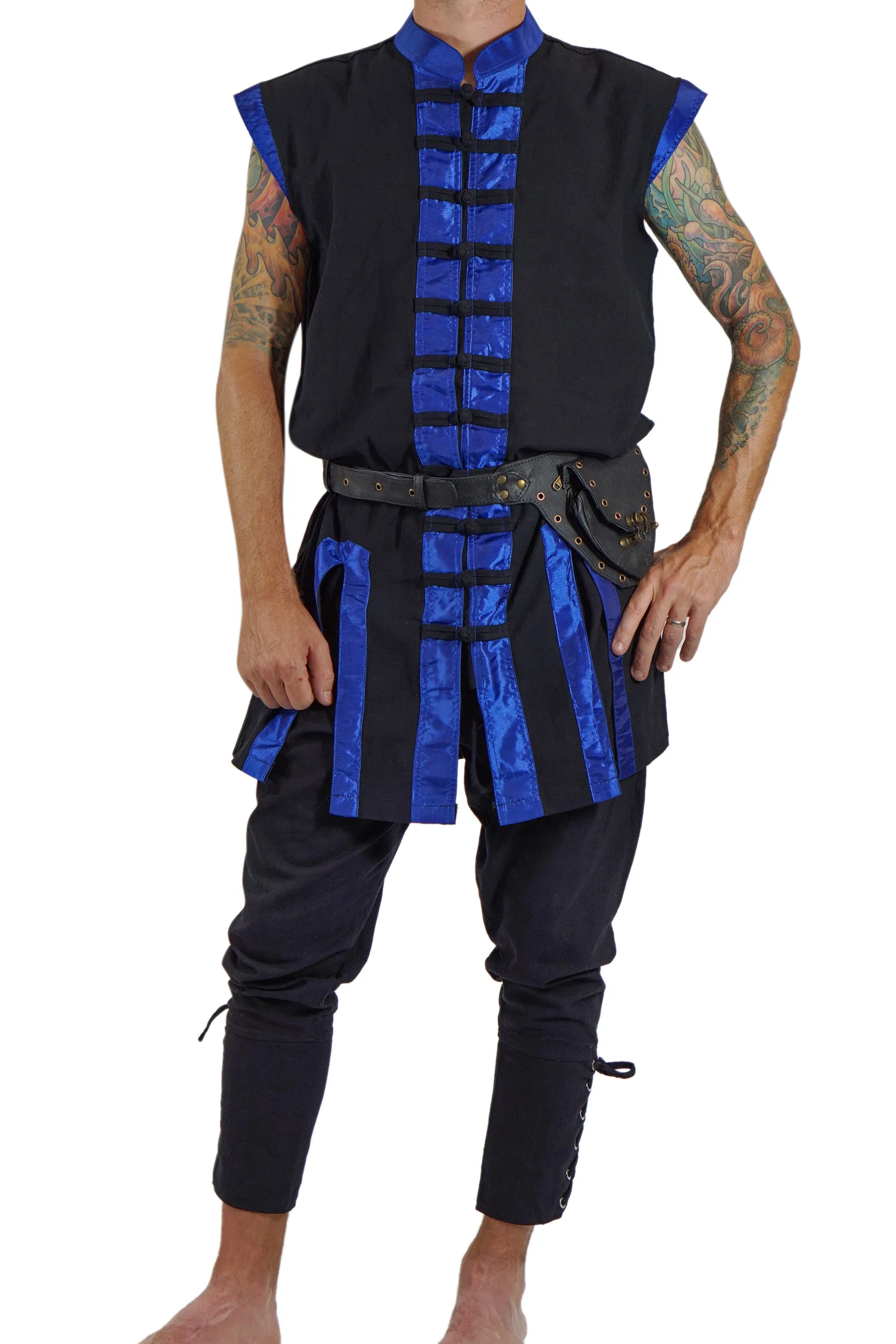 'Long Pirate Vest', Silk Trim - Blue