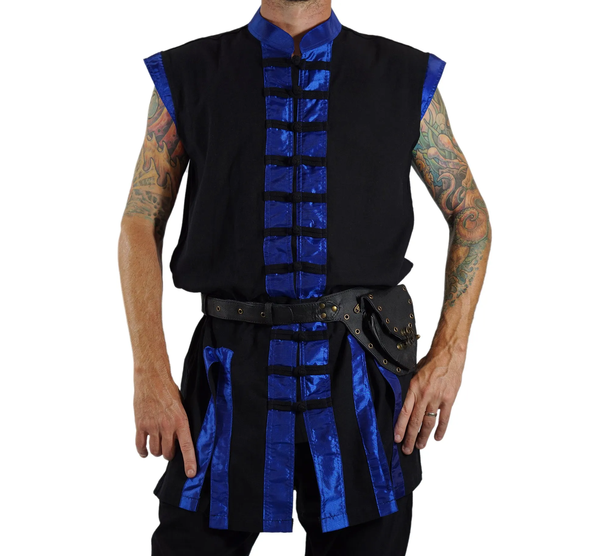 'Long Pirate Vest', Silk Trim - Blue
