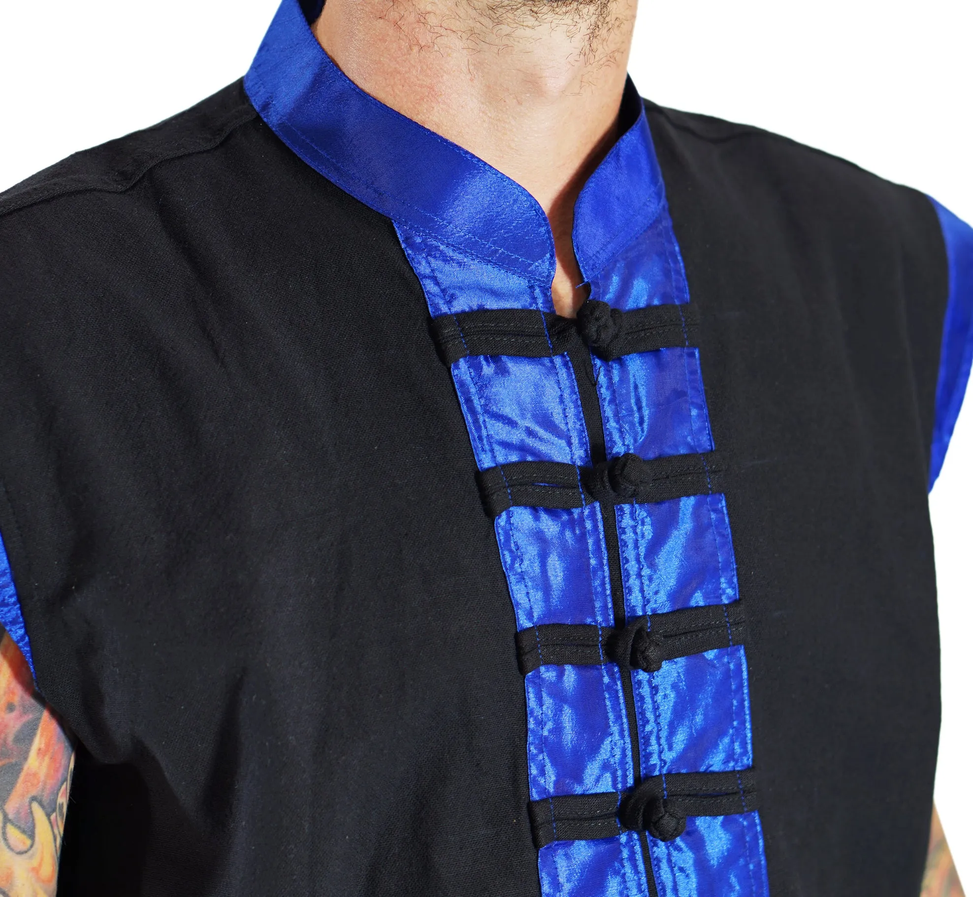 'Long Pirate Vest', Silk Trim - Blue