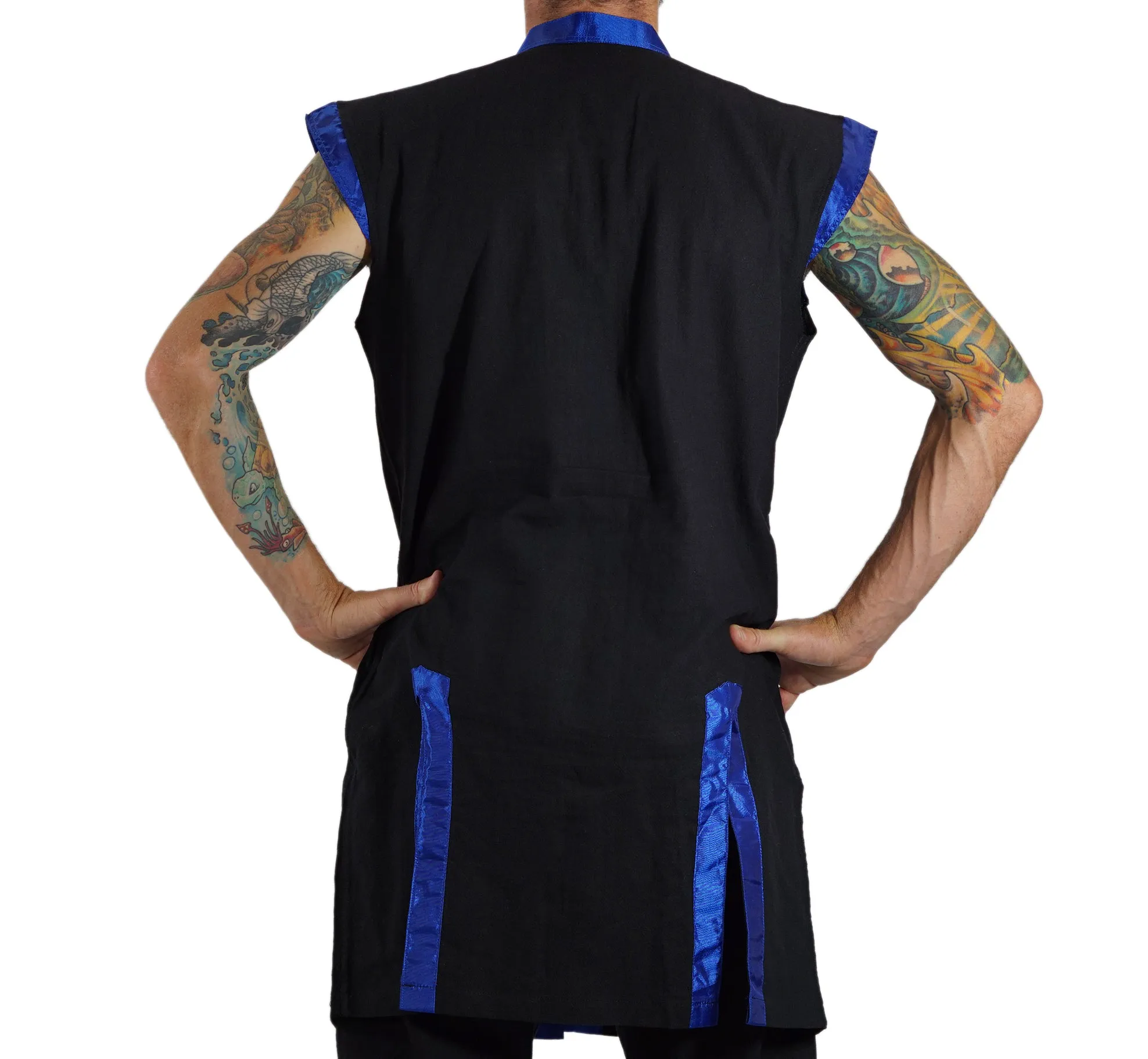 'Long Pirate Vest', Silk Trim - Blue