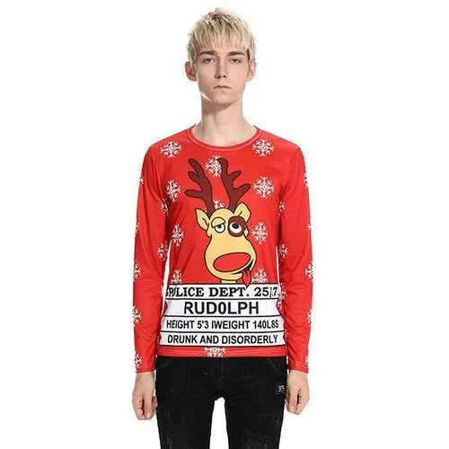 Mens Christmas Tops Elk Printing Long Sleeve T-Shirt