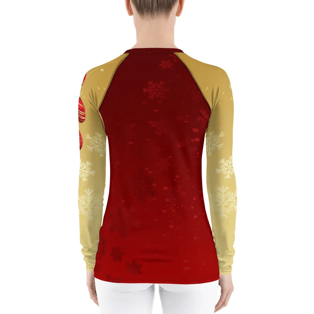 Merry Christmas Gold and Red Balls and Snowflakes - Women's Rash Guard
