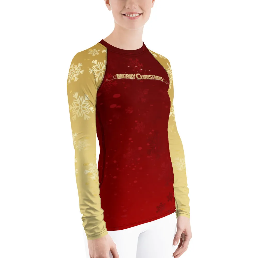 Merry Christmas Gold and Red Balls and Snowflakes - Women's Rash Guard