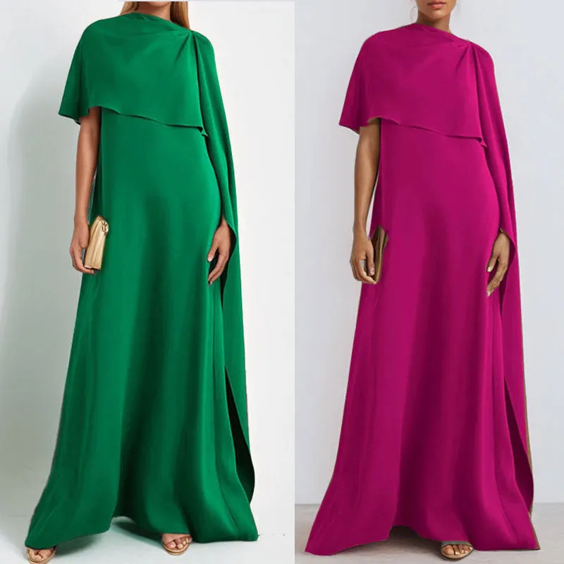 MOMENTLOVER 2025 women's clothing popular autumn and winter new temperament solid color irregular loose slit satin dress women