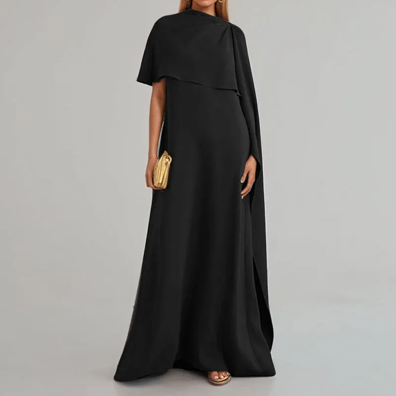 MOMENTLOVER 2025 women's clothing popular autumn and winter new temperament solid color irregular loose slit satin dress women