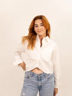 Moon River Cropped Curved Hem Shirt - White