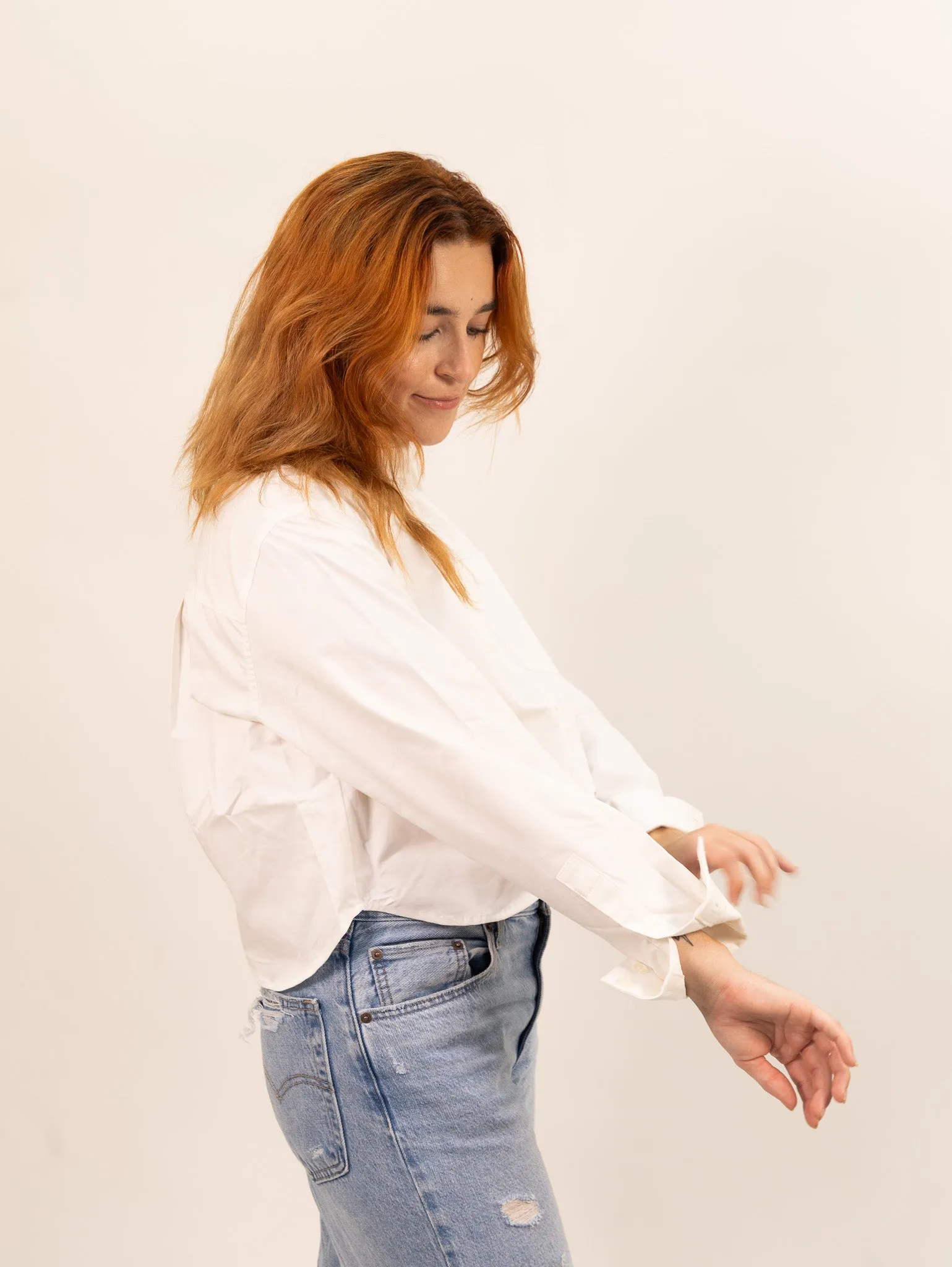 Moon River Cropped Curved Hem Shirt - White