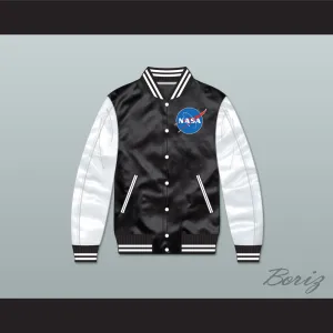 NASA Black/ White Varsity Letterman Satin Bomber Jacket