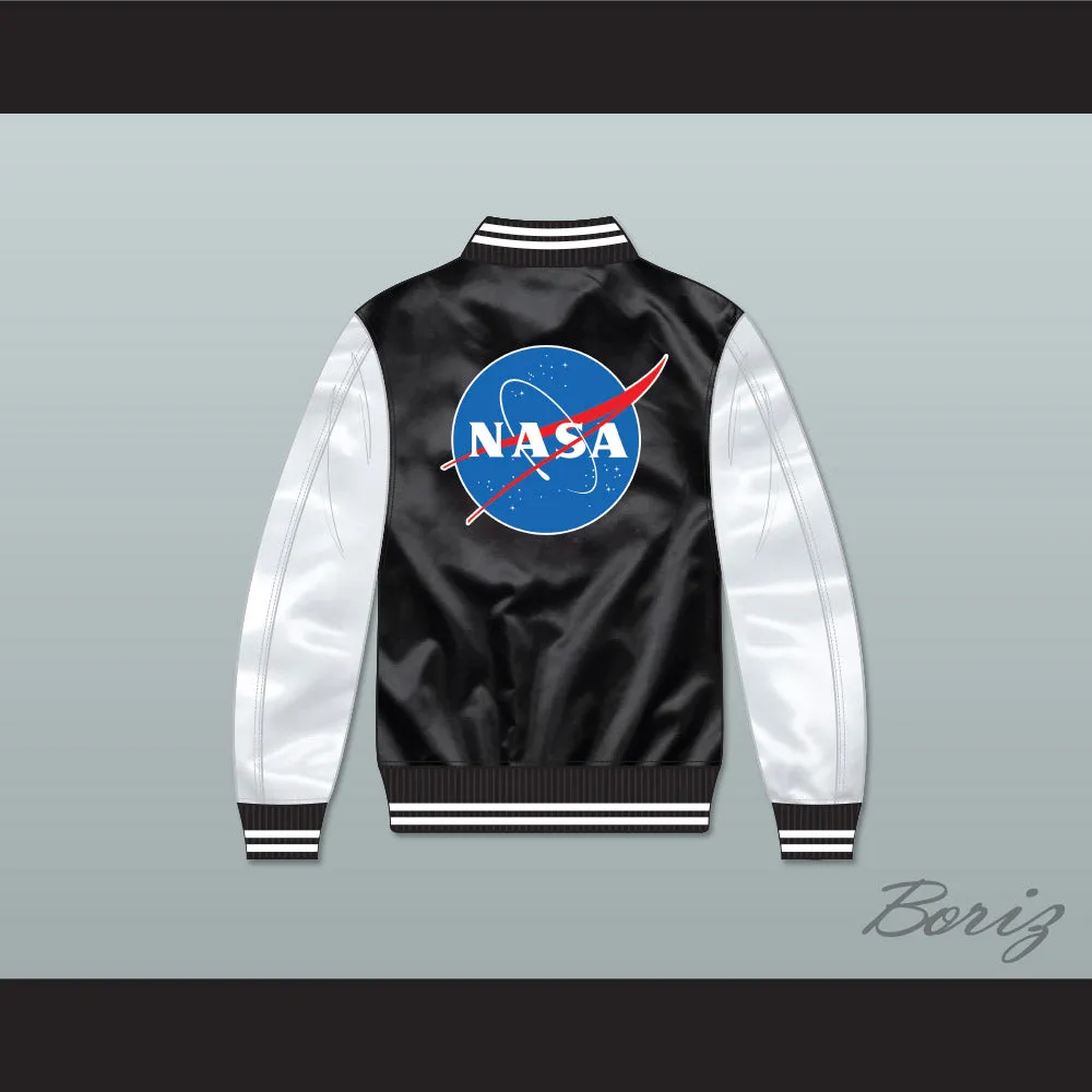 NASA Black/ White Varsity Letterman Satin Bomber Jacket