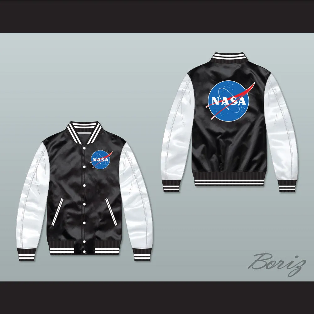NASA Black/ White Varsity Letterman Satin Bomber Jacket