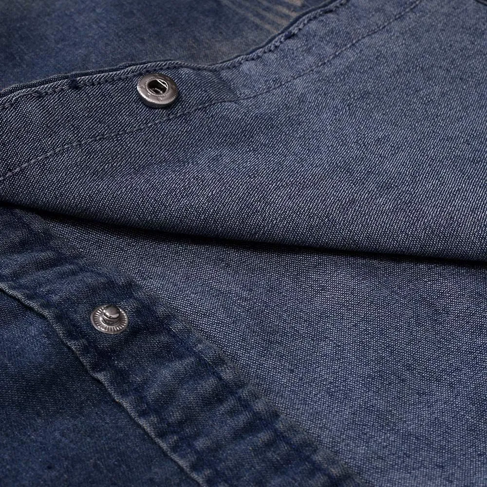 NEW Retails $45, Autumn Men Denim Shirt Mens Long Sleeve Soft Cotton Slim Jeans Shirts Cowboy Shirt, Distressed Blue, Sz L