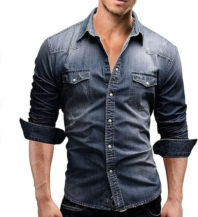 NEW Retails $45, Autumn Men Denim Shirt Mens Long Sleeve Soft Cotton Slim Jeans Shirts Cowboy Shirt, Distressed Blue, Sz L