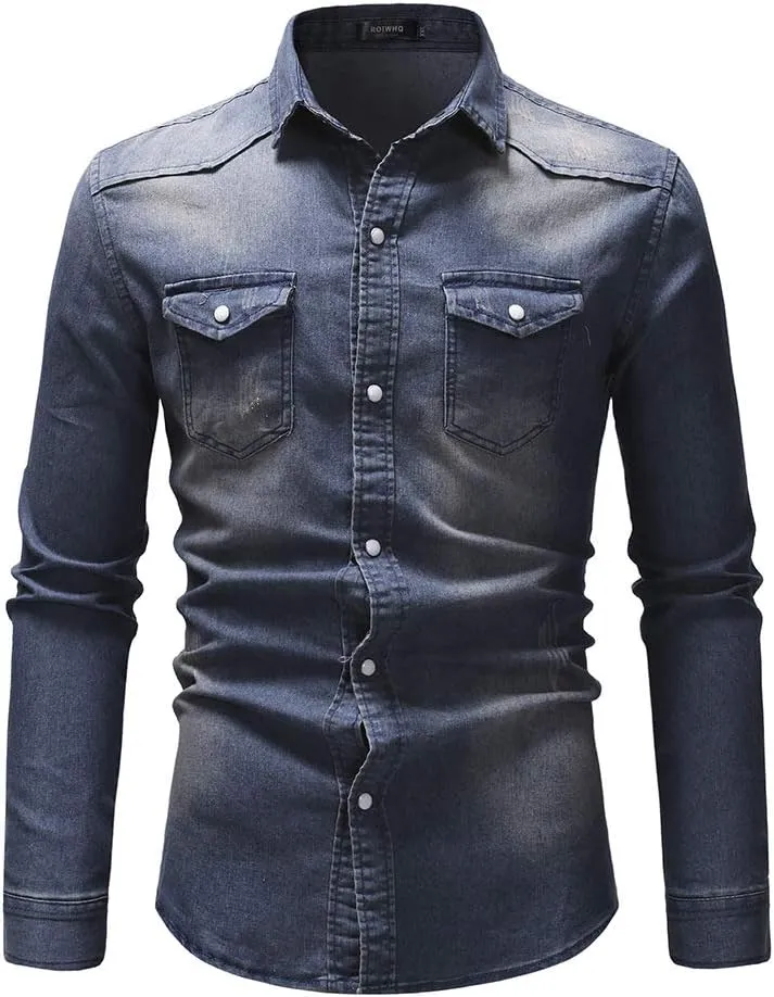 NEW Retails $45, Autumn Men Denim Shirt Mens Long Sleeve Soft Cotton Slim Jeans Shirts Cowboy Shirt, Distressed Blue, Sz L