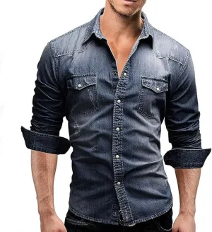 NEW Retails $45, Autumn Men Denim Shirt Mens Long Sleeve Soft Cotton Slim Jeans Shirts Cowboy Shirt, Distressed Blue, Sz L