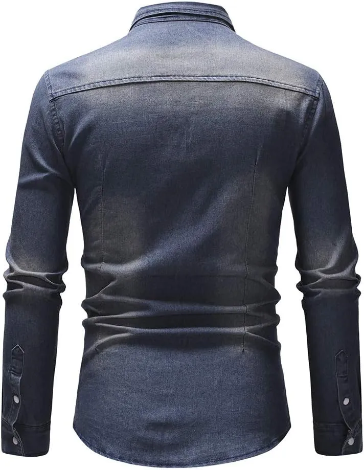 NEW Retails $45, Autumn Men Denim Shirt Mens Long Sleeve Soft Cotton Slim Jeans Shirts Cowboy Shirt, Distressed Blue, Sz L