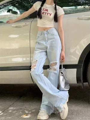 NEW Retails $50, Ripped Raw Hem High Rise Plain Washed Blue Versatile Jeans Denim Pants, Women's Denim Jeans & Clothing, Sz S