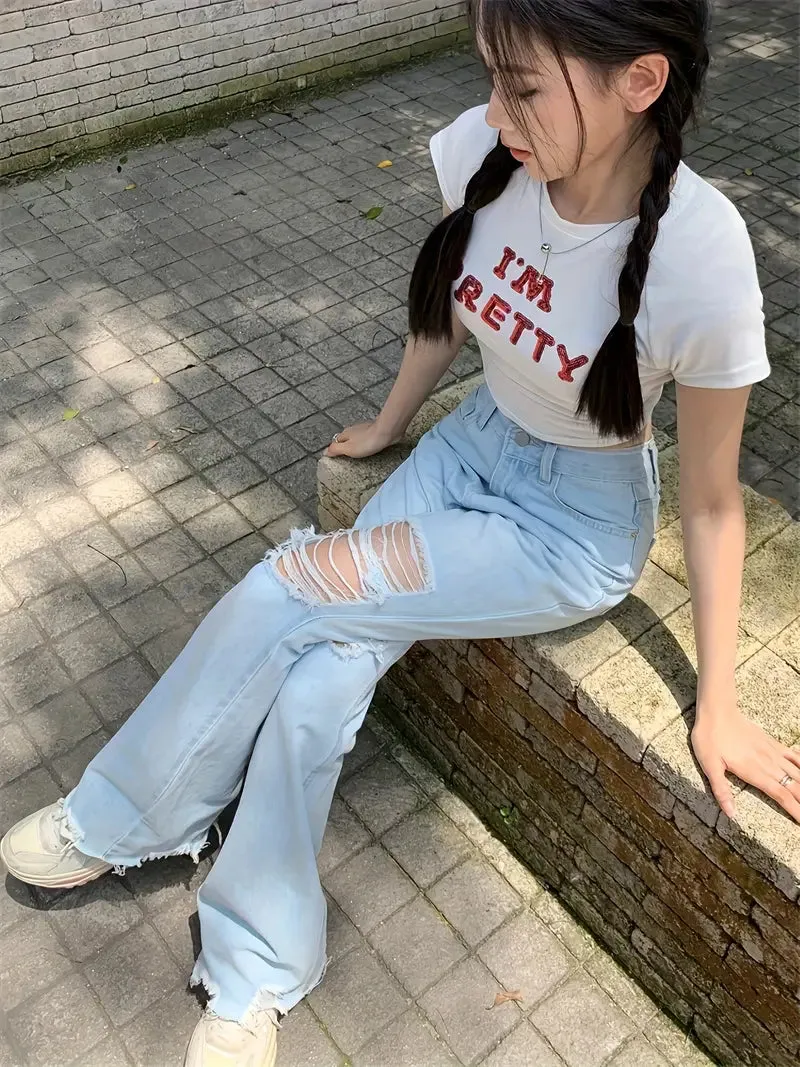 NEW Retails $50, Ripped Raw Hem High Rise Plain Washed Blue Versatile Jeans Denim Pants, Women's Denim Jeans & Clothing, Sz S
