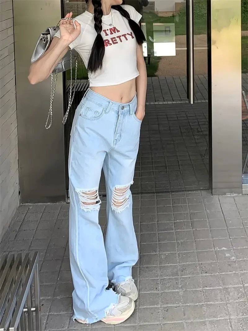 NEW Retails $50, Ripped Raw Hem High Rise Plain Washed Blue Versatile Jeans Denim Pants, Women's Denim Jeans & Clothing, Sz S