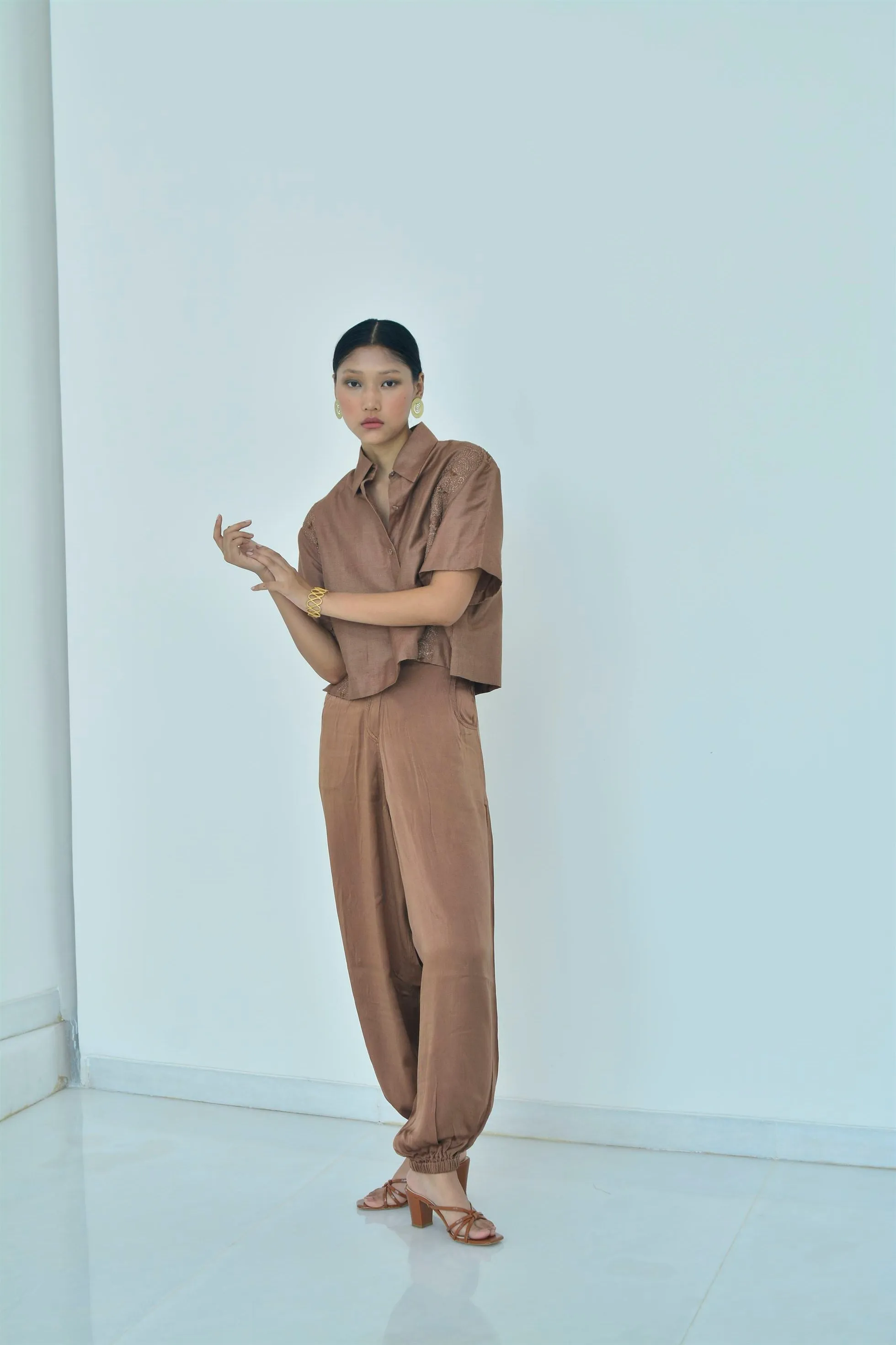 New Season Summer to Fall 2024-Shirt Boxy Embroidered Silk Brown-TB/TS/033-Suzanne-Fashion Edit Hemji