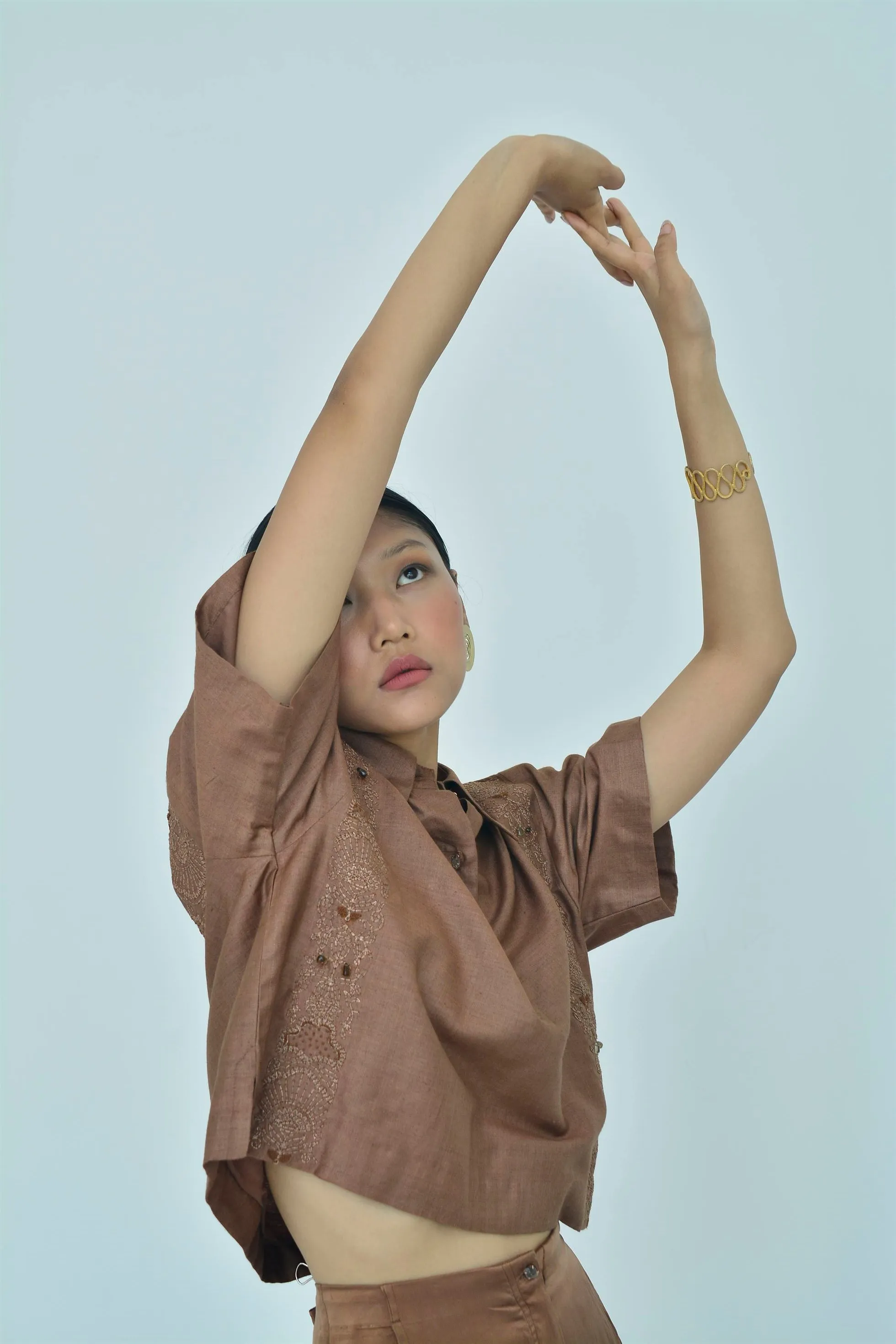 New Season Summer to Fall 2024-Shirt Boxy Embroidered Silk Brown-TB/TS/033-Suzanne-Fashion Edit Hemji