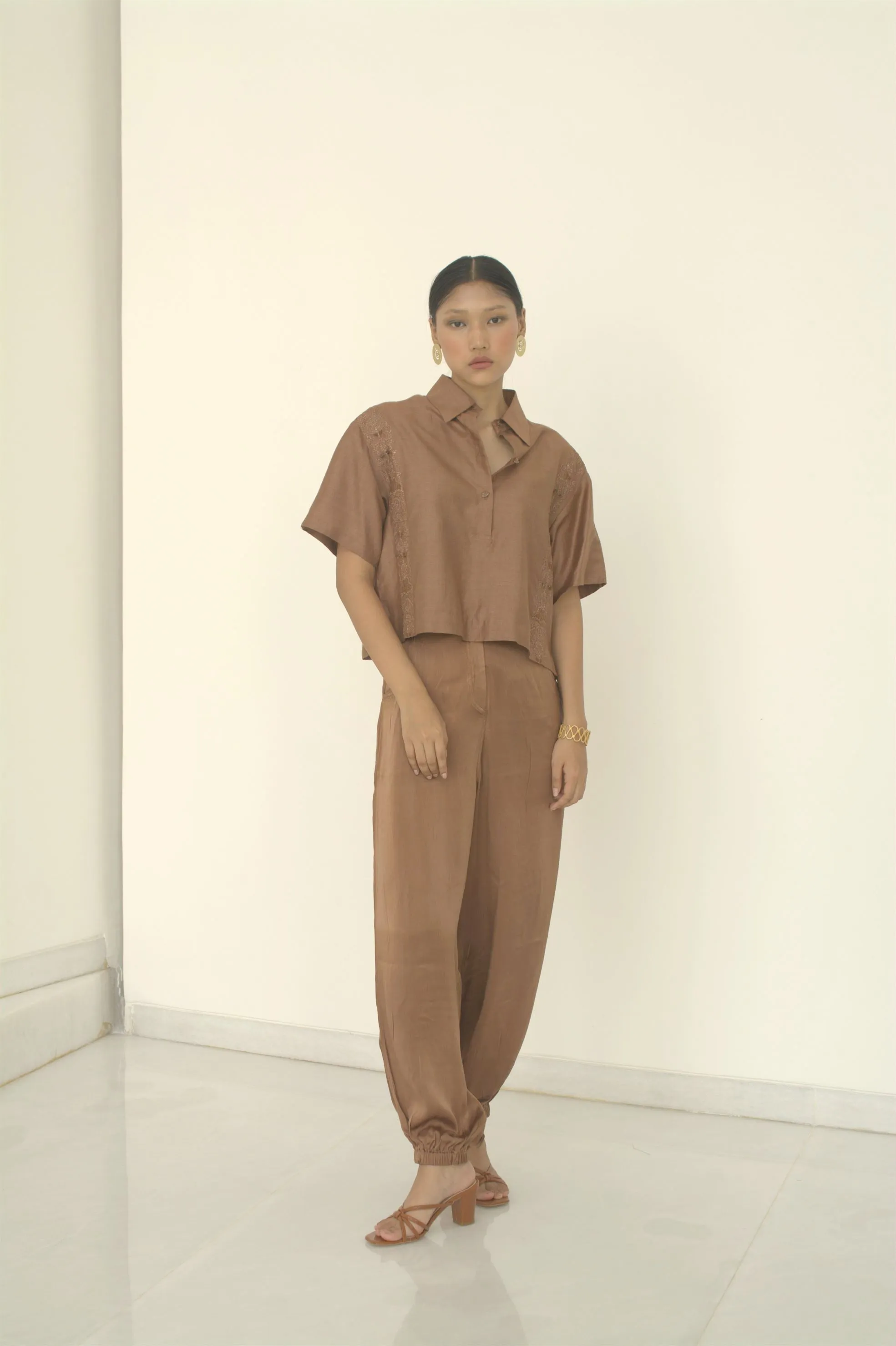 New Season Summer to Fall 2024-Shirt Boxy Embroidered Silk Brown-TB/TS/033-Suzanne-Fashion Edit Hemji