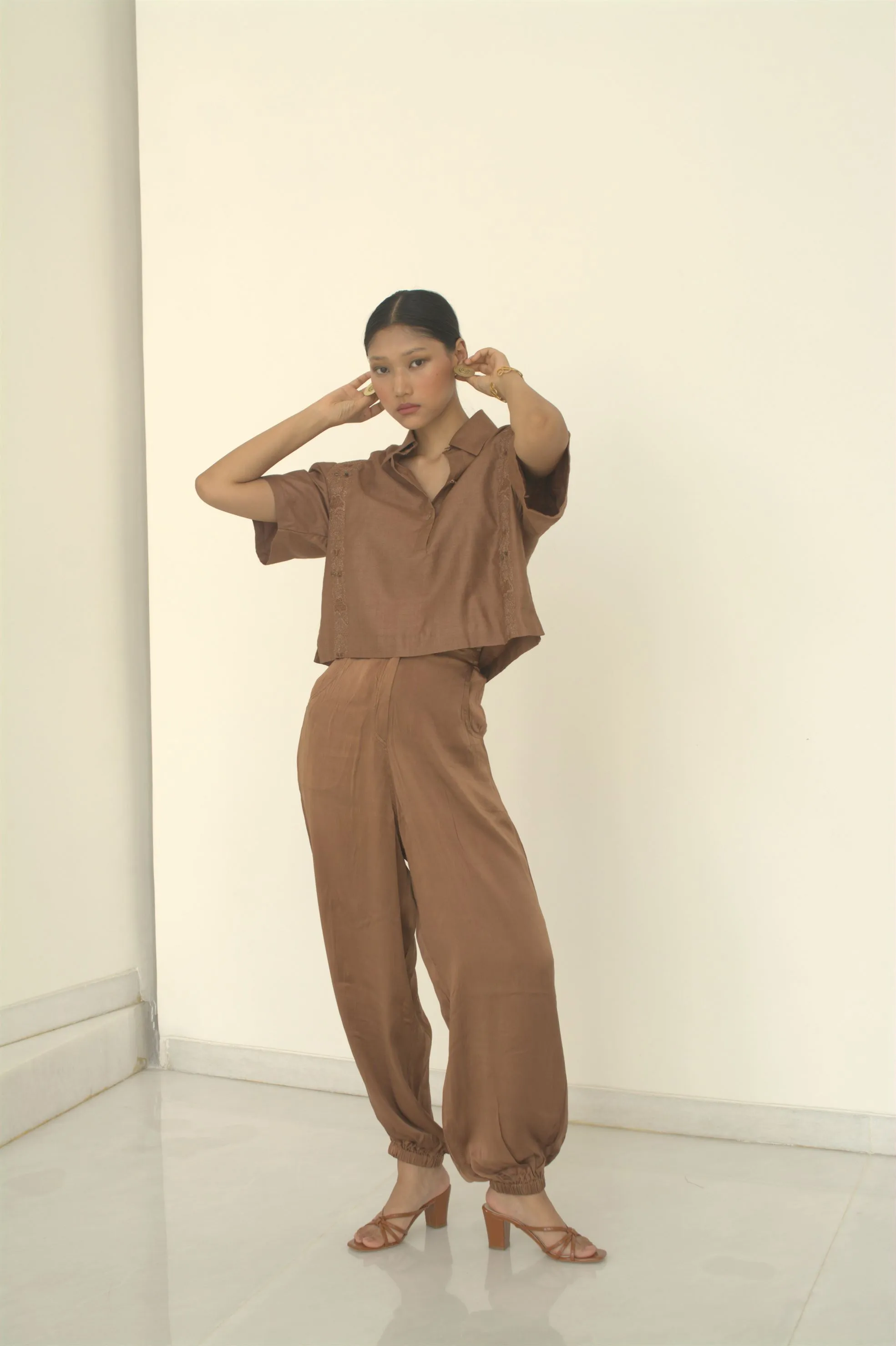 New Season Summer to Fall 2024-Shirt Boxy Embroidered Silk Brown-TB/TS/033-Suzanne-Fashion Edit Hemji