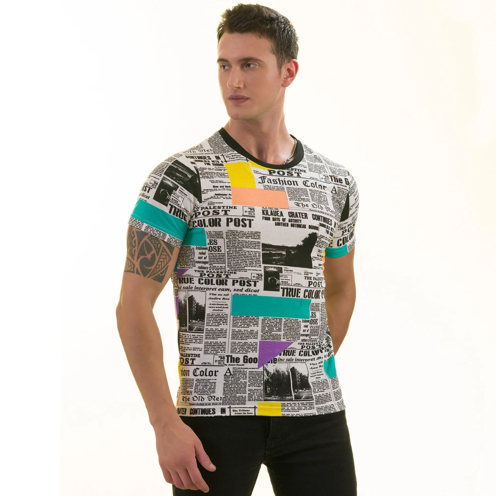 Newspaper Printed White European Made Premium Quality T-Shirt - Crew Neck Short Sleeve T-Shirts
