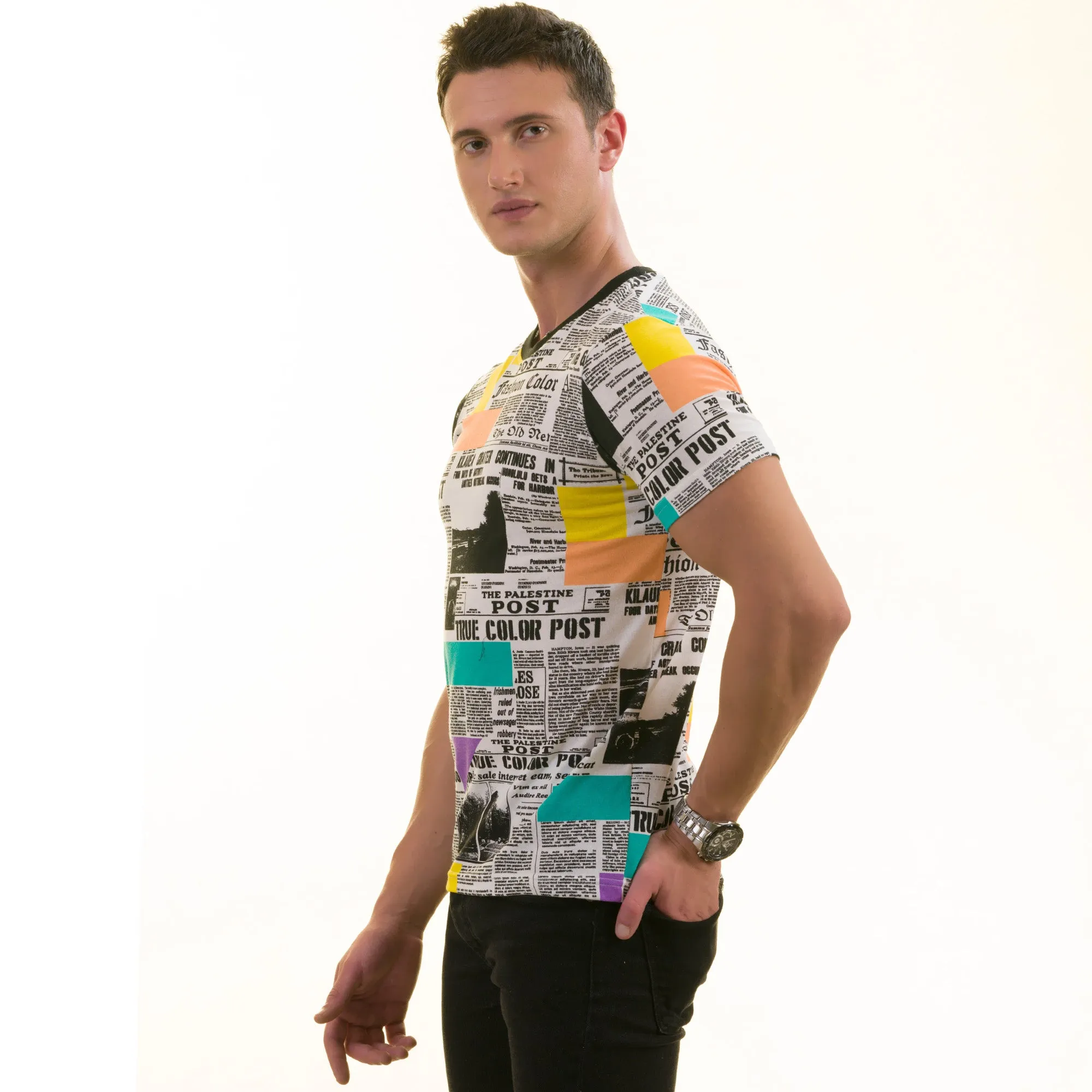 Newspaper Printed White European Made Premium Quality T-Shirt - Crew Neck Short Sleeve T-Shirts