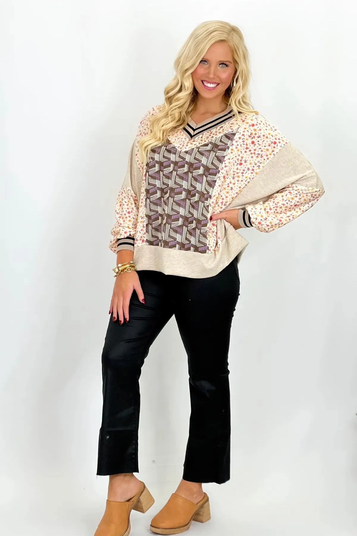 Oatmeal Combo V-Neck Patchwork Top *Final Sale*