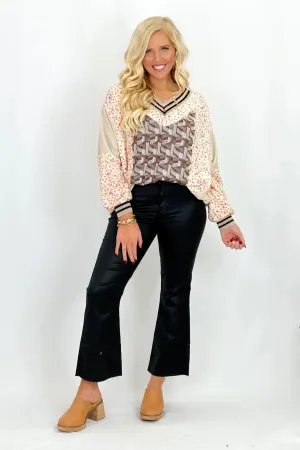 Oatmeal Combo V-Neck Patchwork Top *Final Sale*