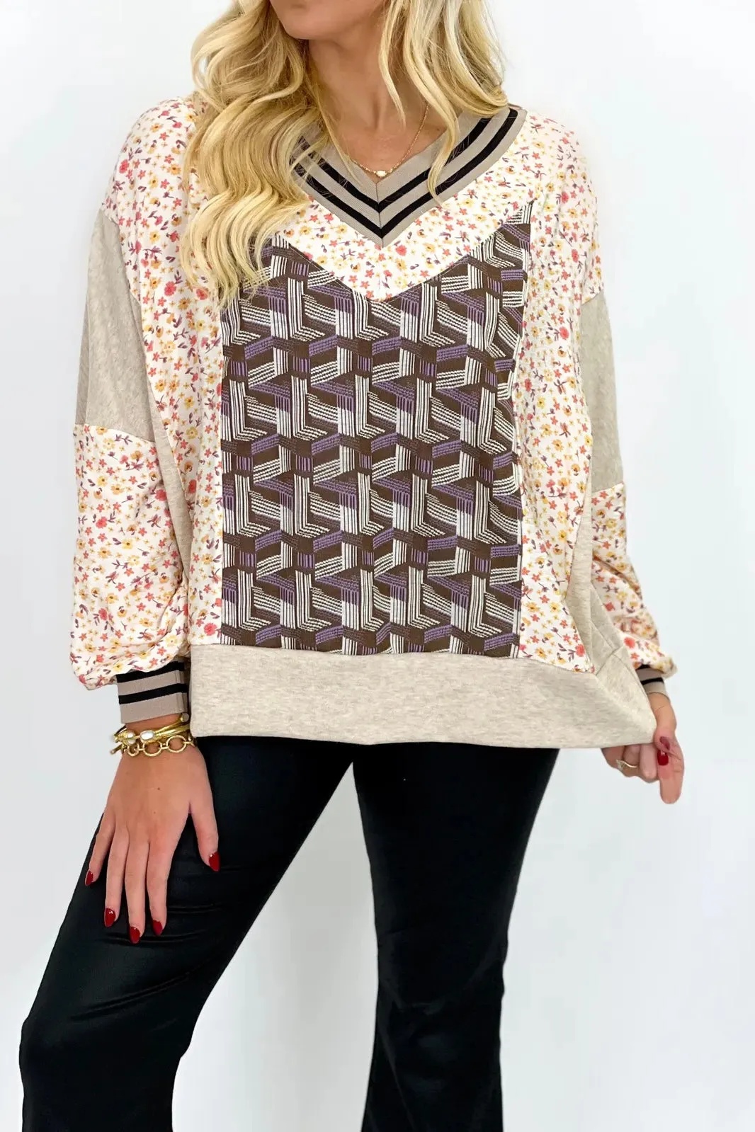 Oatmeal Combo V-Neck Patchwork Top *Final Sale*