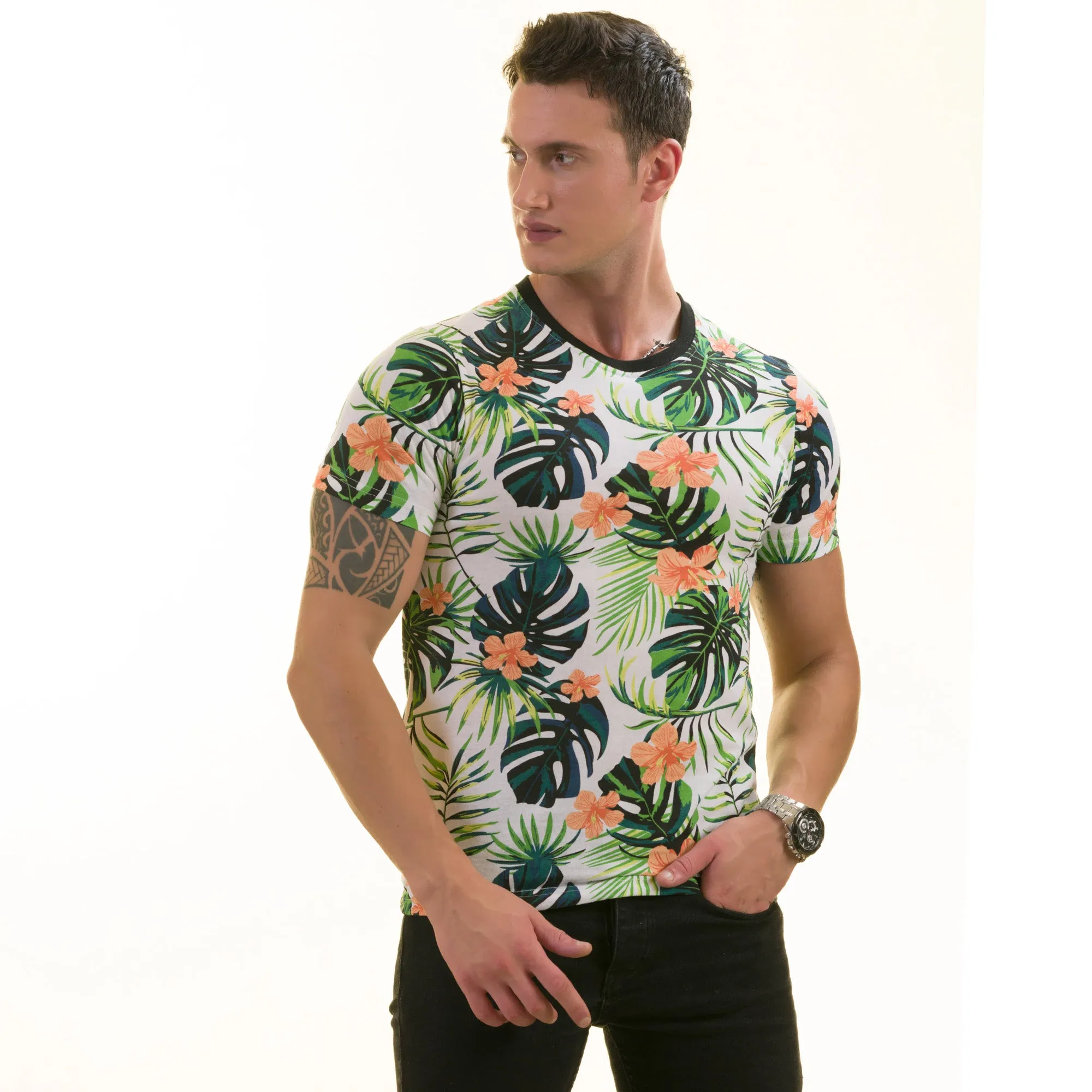 Orange Floral with Leaves European Made Premium Quality T-Shirt - Crew Neck Short Sleeve T-Shirts