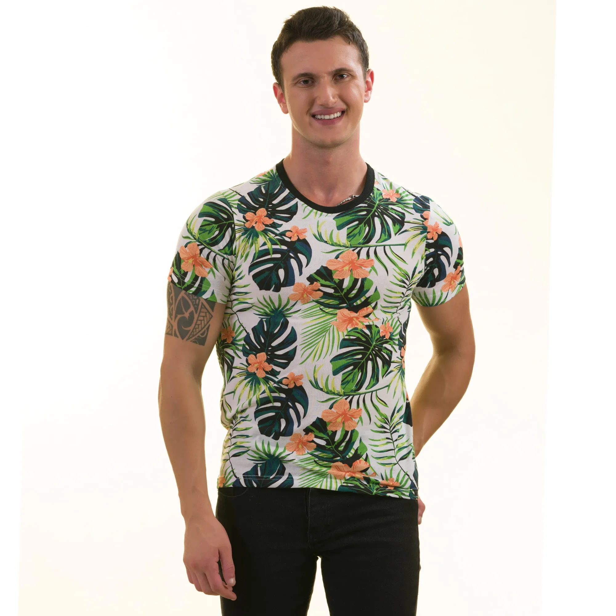 Orange Floral with Leaves European Made Premium Quality T-Shirt - Crew Neck Short Sleeve T-Shirts