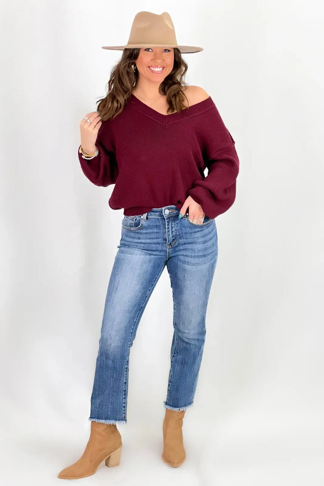 Oxblood Exposed V-Neck Sweater *Final Sale*