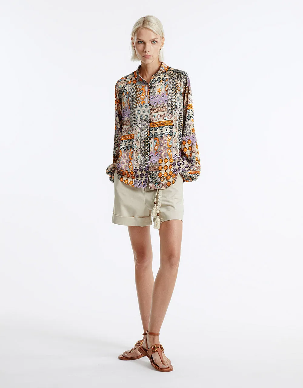 Patchwork Print Satin Shirt