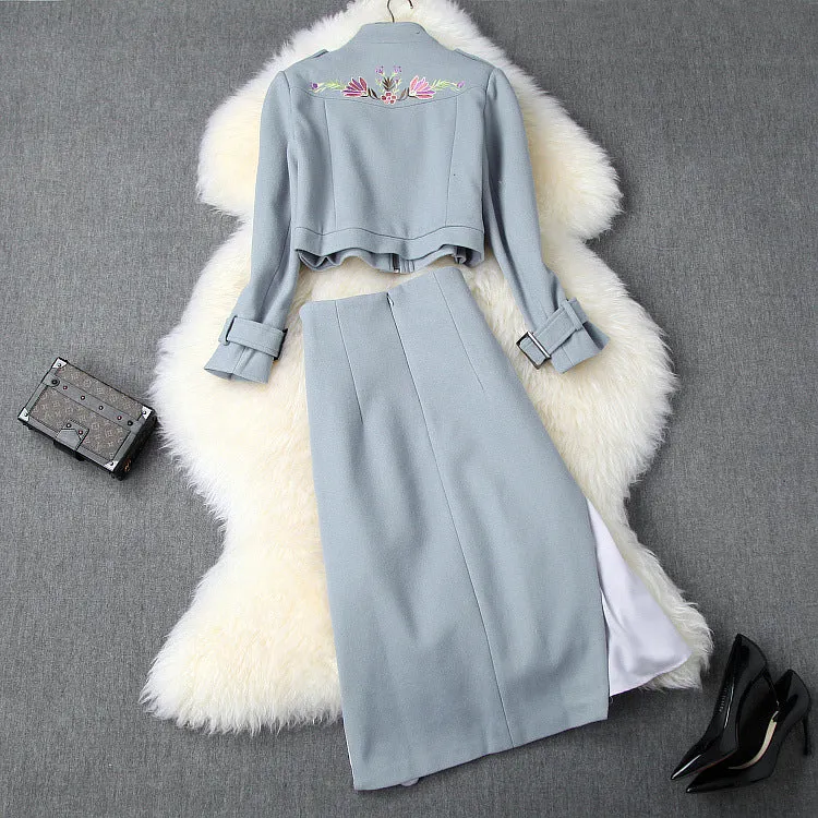 Phoenix Embroidery Splicing Coat Jacket Skirt Two-piece Set
