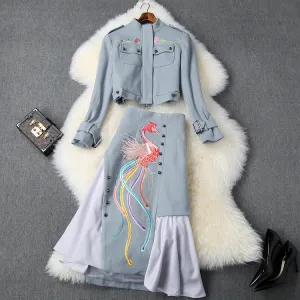 Phoenix Embroidery Splicing Coat Jacket Skirt Two-piece Set