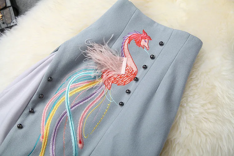 Phoenix Embroidery Splicing Coat Jacket Skirt Two-piece Set