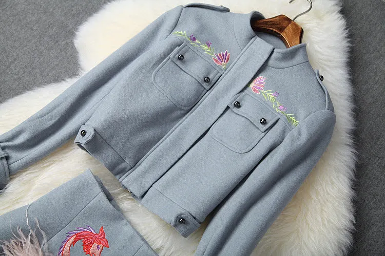 Phoenix Embroidery Splicing Coat Jacket Skirt Two-piece Set