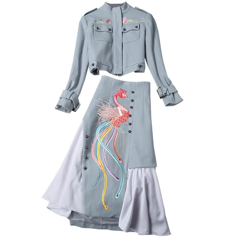 Phoenix Embroidery Splicing Coat Jacket Skirt Two-piece Set