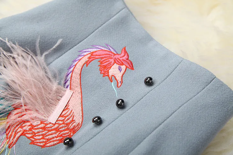 Phoenix Embroidery Splicing Coat Jacket Skirt Two-piece Set