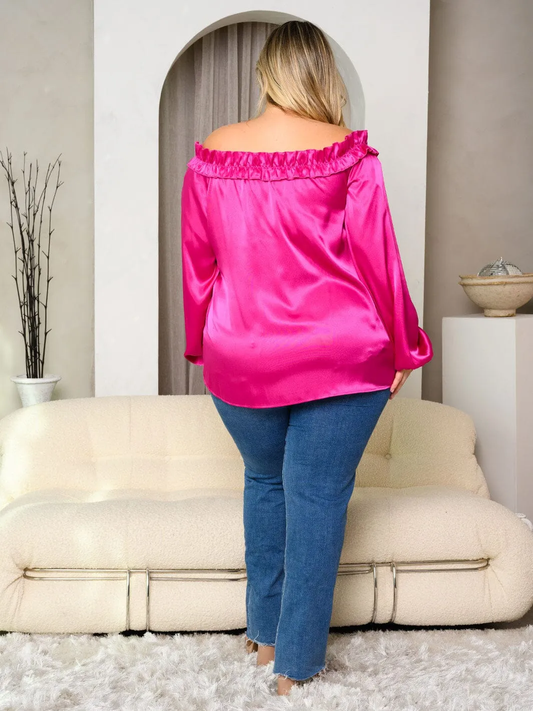 PLUS SIZE LONG SLEEVE OFF SHOULDER SATIN TOP