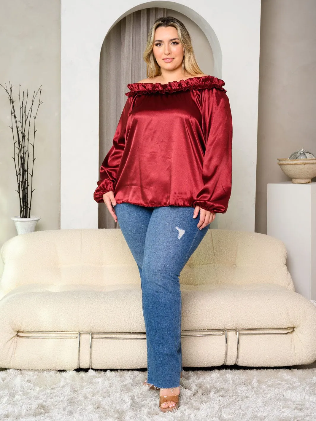 PLUS SIZE LONG SLEEVE OFF SHOULDER SATIN TOP