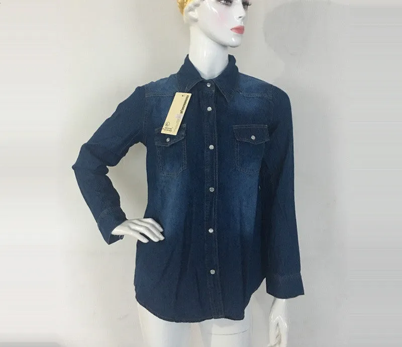 Plus Size Women's Denim Shirts Blouses Fashion Long Sleeve Turn-Down Collar Fitted Denim Top Jeans LL064